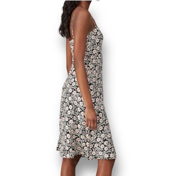 HVN 2 Black Silk Floral Atlanta Midi Dress Fit Flare Square Neck Strappy Summer - Picture 4 of 12